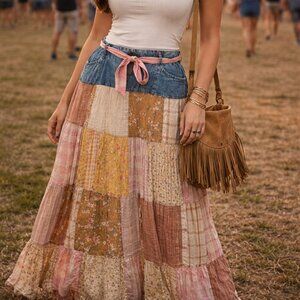 Young Threads size medium "denim/patchwork" boho broomstick skirt